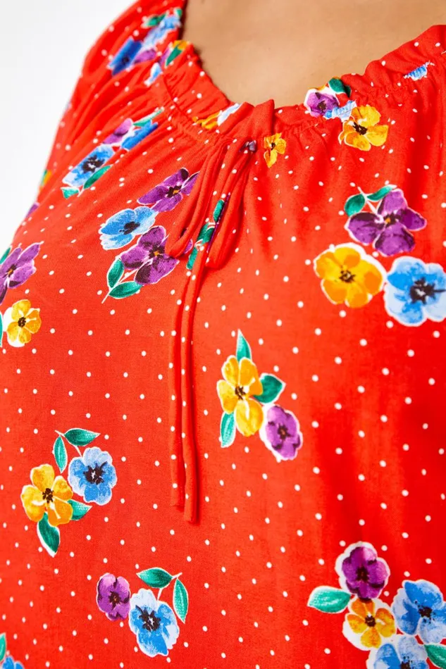 Women Red Curve Spot Floral Print Sweetheart Neck Top Roman Tops