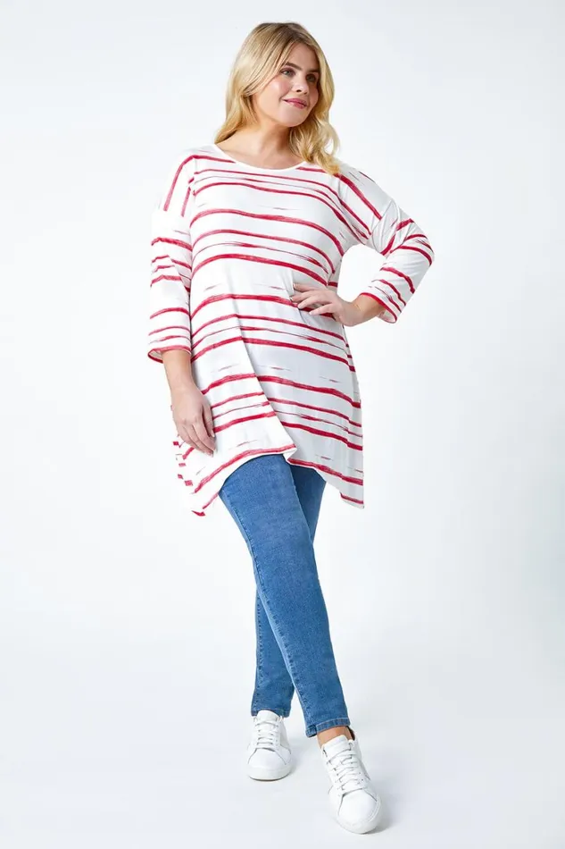 Women Red Curve Stripe Hanky Hem Stretch Top Roman Tops