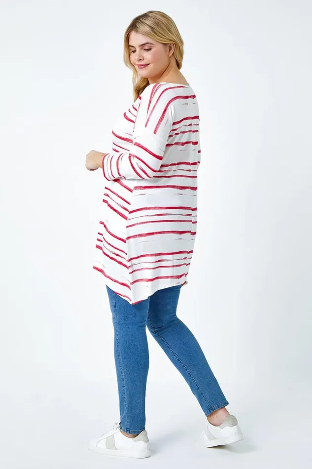 Women Red Curve Stripe Hanky Hem Stretch Top Roman Tops