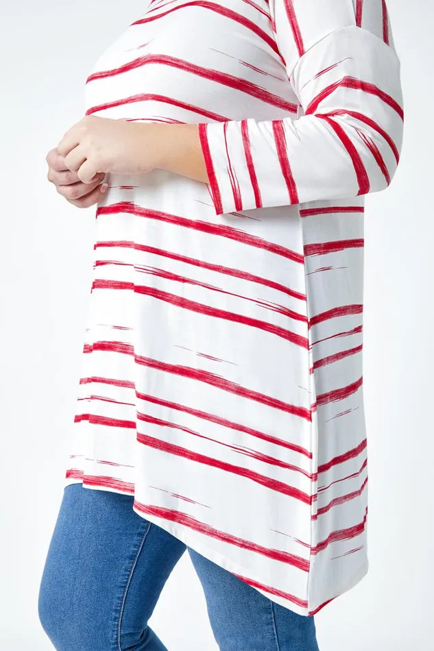 Women Red Curve Stripe Hanky Hem Stretch Top Roman Tops