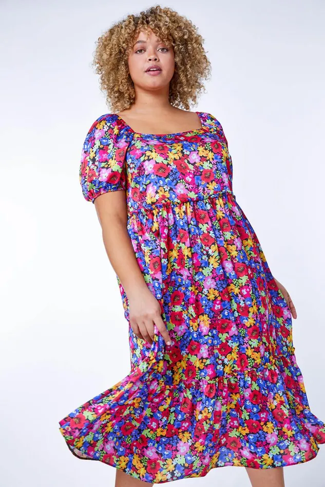 Women Red Curve Tiered Floral Maxi Dress Roman Dresses