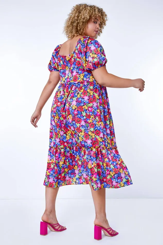 Women Red Curve Tiered Floral Maxi Dress Roman Dresses