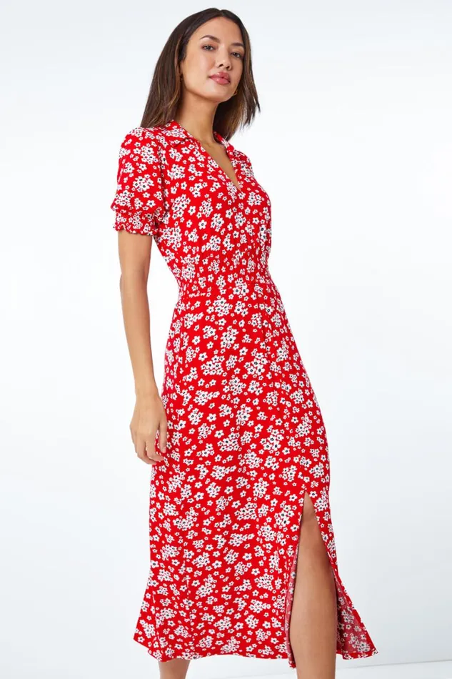 Women Red Ditsy Floral Print Fit and Flare Dress Roman Dresses