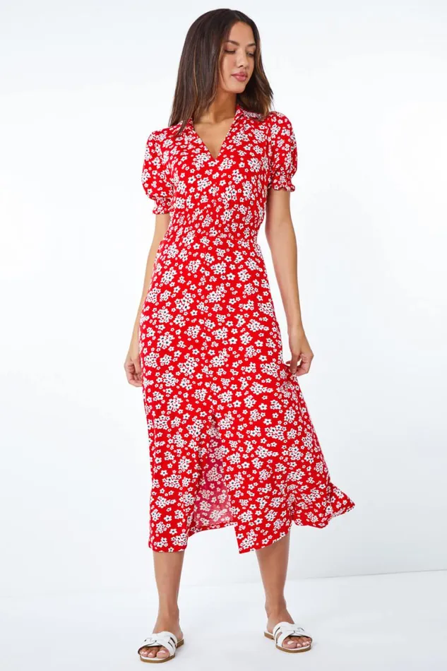 Women Red Ditsy Floral Print Fit and Flare Dress Roman Dresses