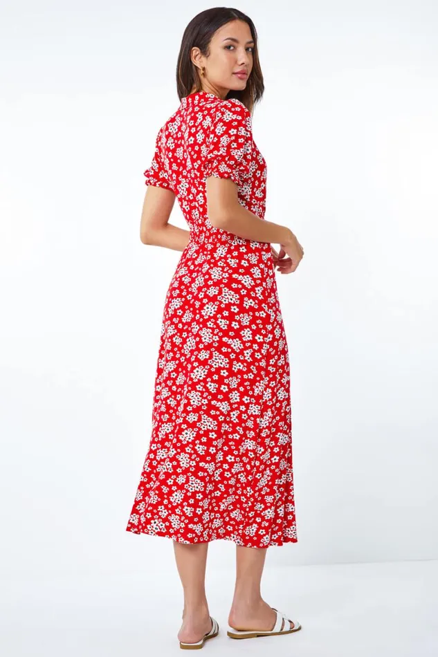 Women Red Ditsy Floral Print Fit and Flare Dress Roman Dresses