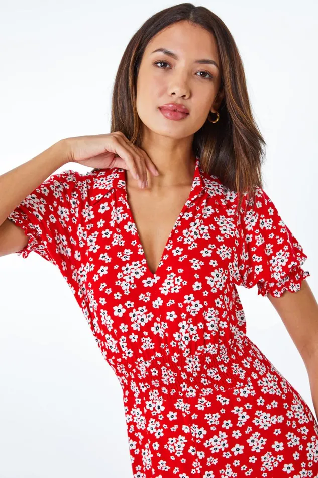 Women Red Ditsy Floral Print Fit and Flare Dress Roman Dresses