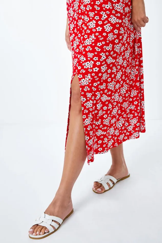 Women Red Ditsy Floral Print Fit and Flare Dress Roman Dresses