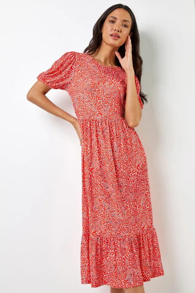 Women Red Ditsy Leopard Print Frill Hem Midi Dress Roman Dresses
