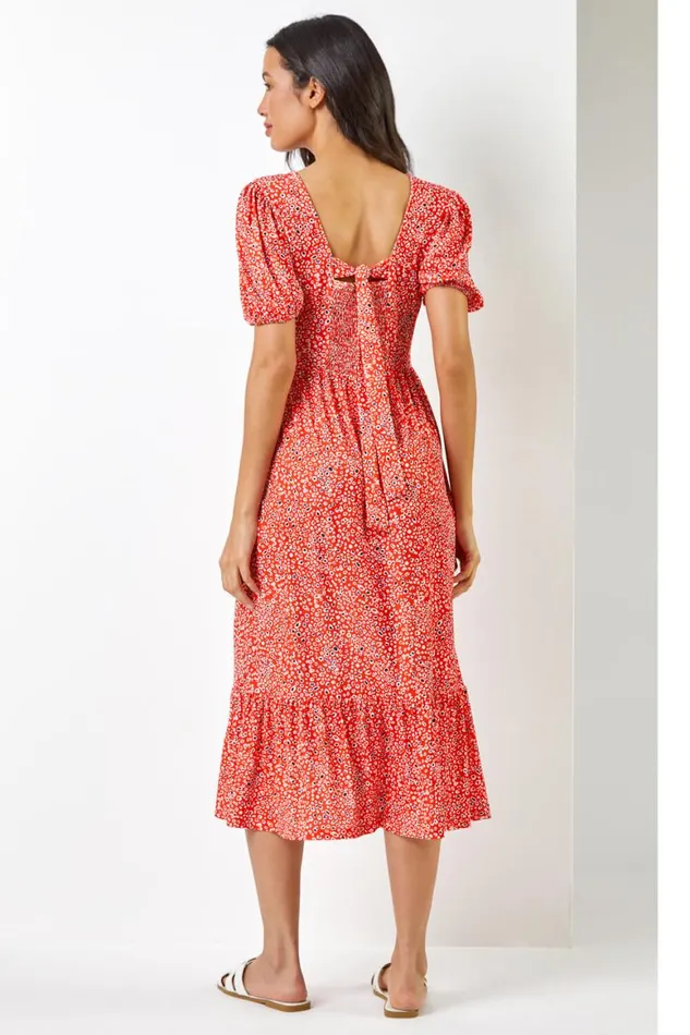 Women Red Ditsy Leopard Print Frill Hem Midi Dress Roman Dresses