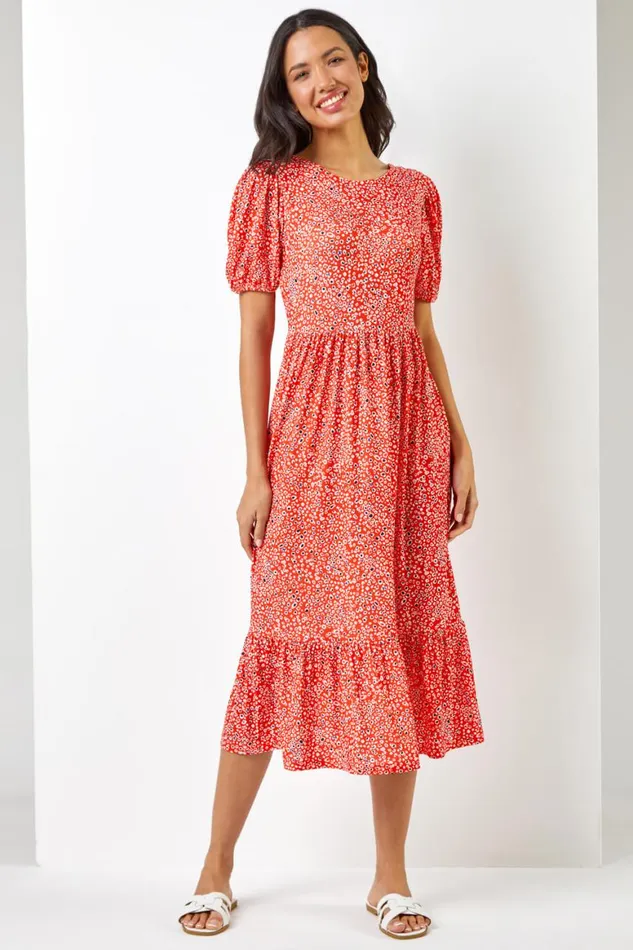 Women Red Ditsy Leopard Print Frill Hem Midi Dress Roman Dresses