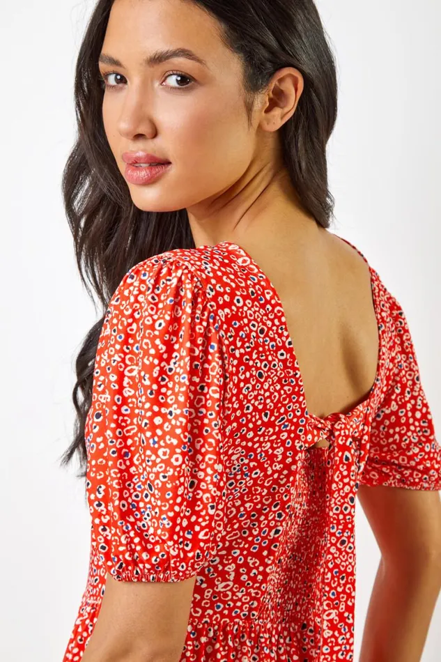 Women Red Ditsy Leopard Print Frill Hem Midi Dress Roman Dresses