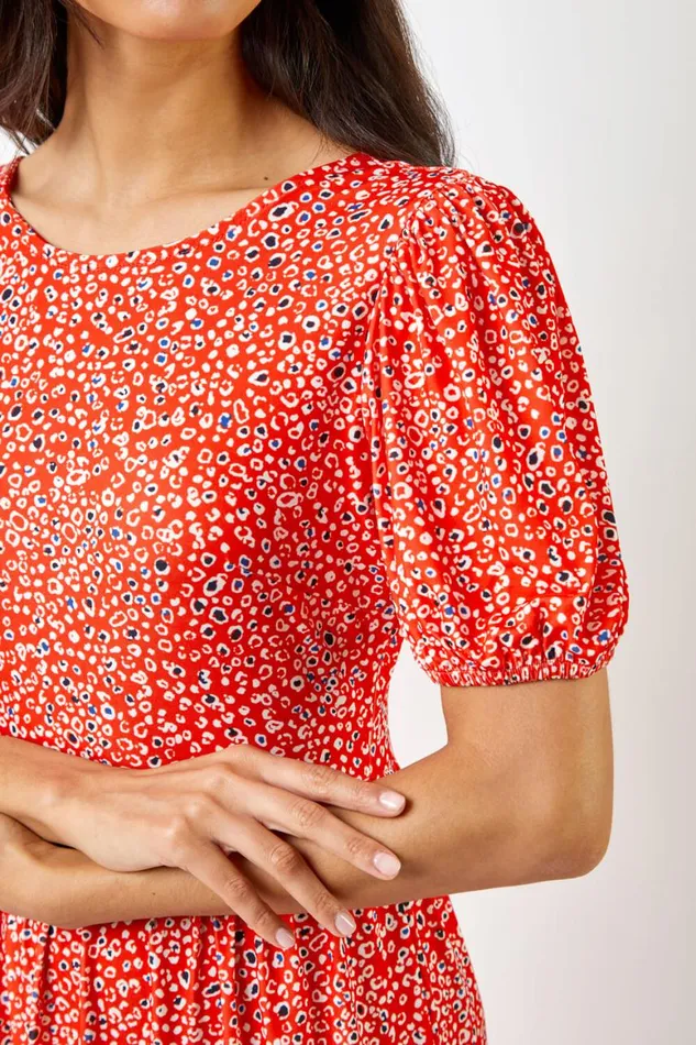 Women Red Ditsy Leopard Print Frill Hem Midi Dress Roman Dresses
