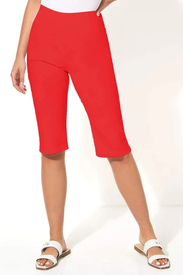 Women Red Elastic Waist Knee Length Stretch Shorts Roman Trousers