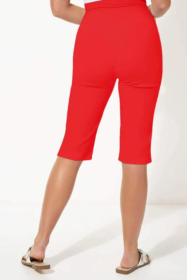 Women Red Elastic Waist Knee Length Stretch Shorts Roman Trousers