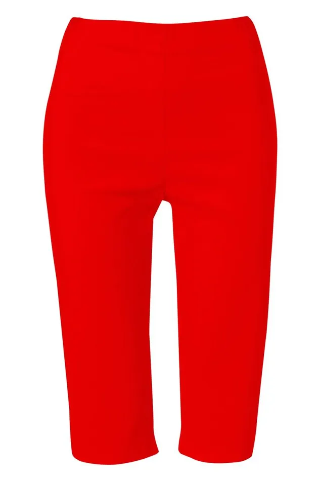 Women Red Elastic Waist Knee Length Stretch Shorts Roman Trousers