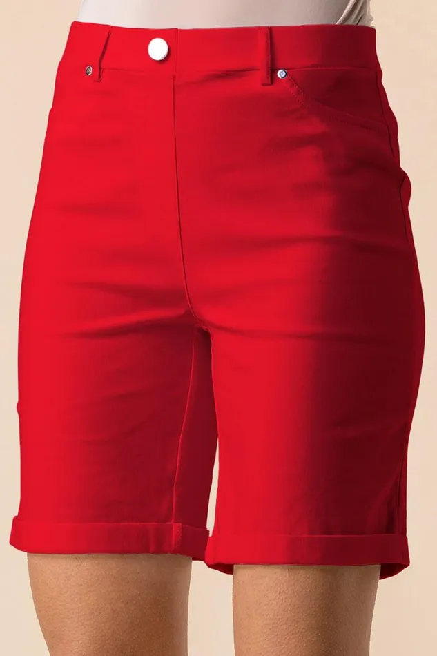 Women Red Elastic Waist Turn Up Stretch Shorts Roman Trousers