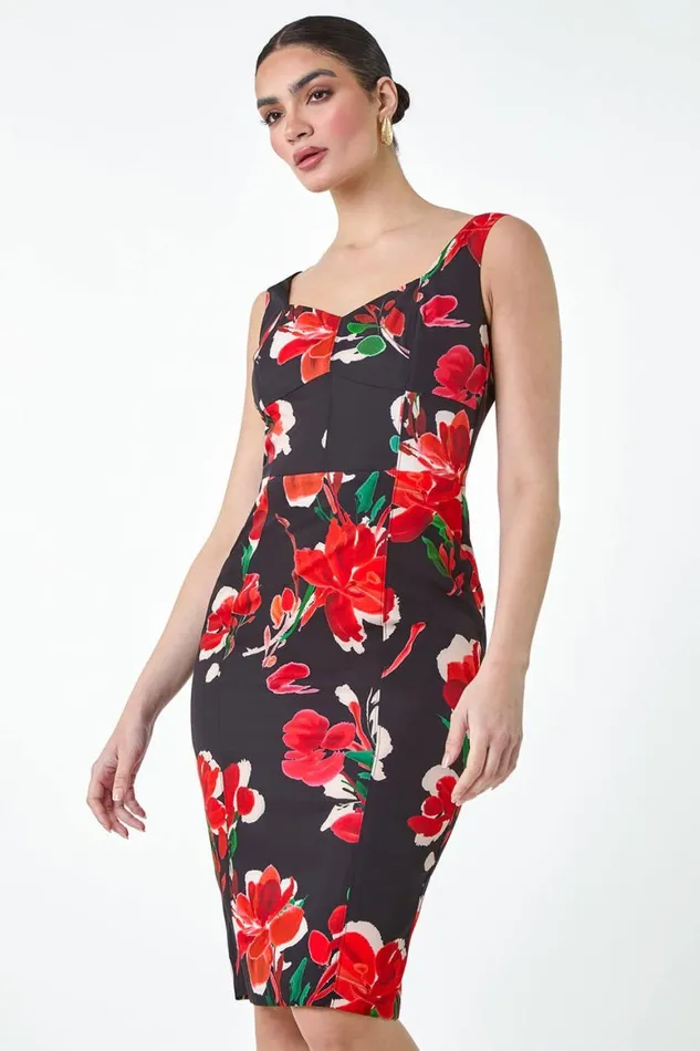 Women Red Floral Corset Detail Stretch Dress Roman Dresses