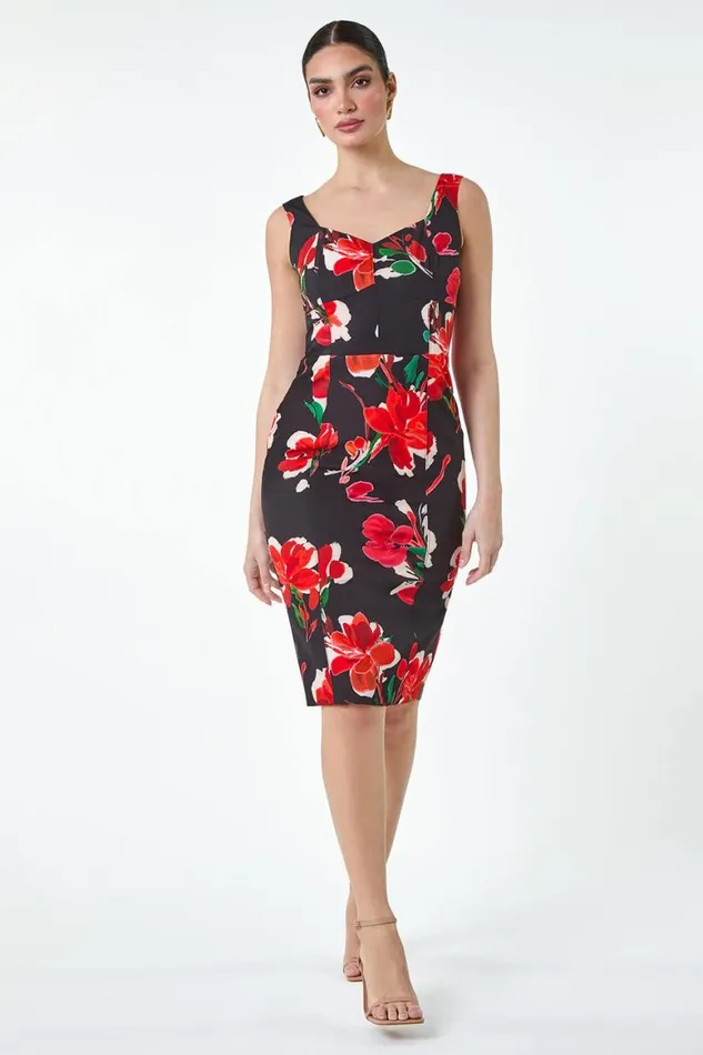Women Red Floral Corset Detail Stretch Dress Roman Dresses