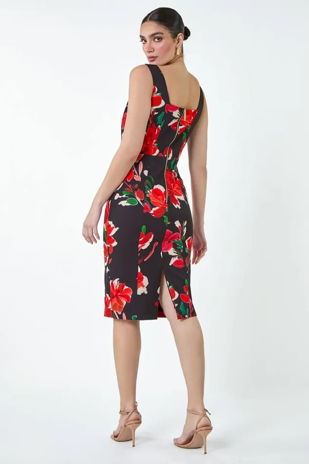 Women Red Floral Corset Detail Stretch Dress Roman Dresses