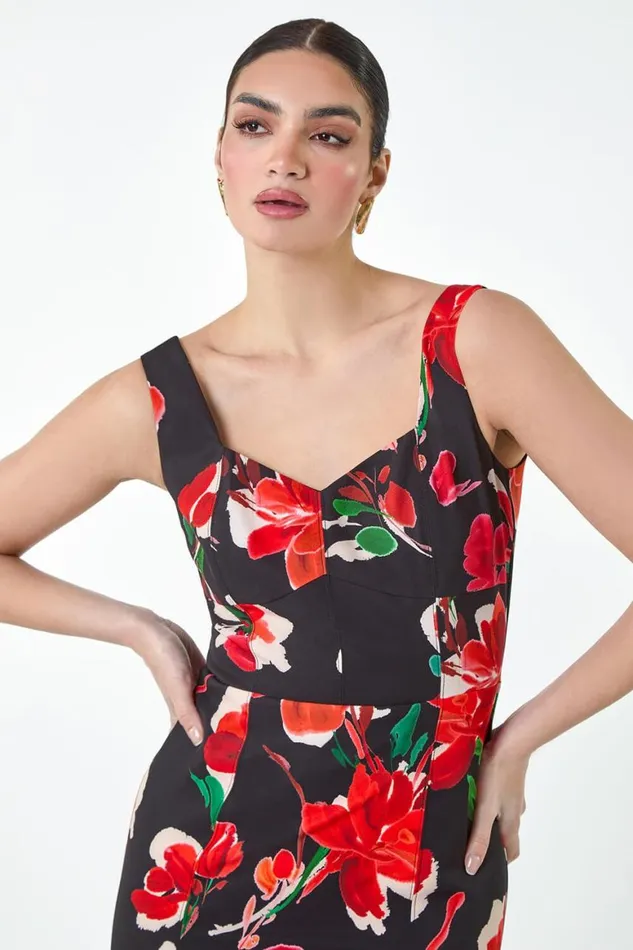 Women Red Floral Corset Detail Stretch Dress Roman Dresses
