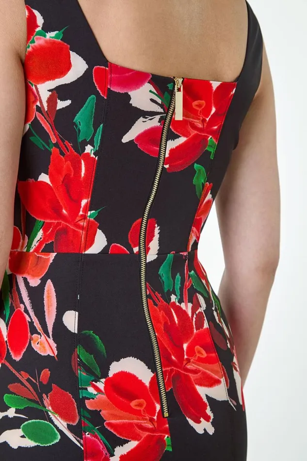 Women Red Floral Corset Detail Stretch Dress Roman Dresses