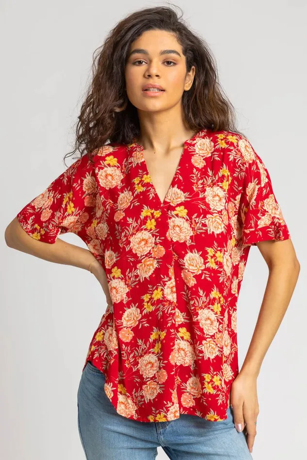 Women Red Floral Print Textured VNeck Top Roman Tops