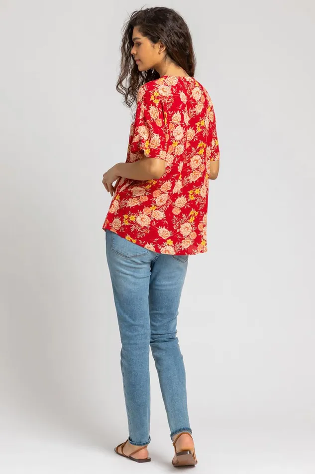 Women Red Floral Print Textured VNeck Top Roman Tops