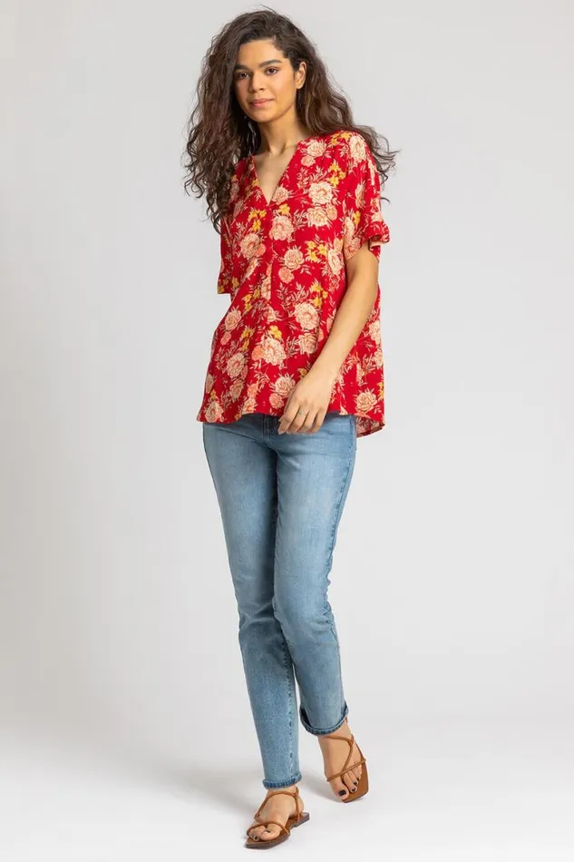 Women Red Floral Print Textured VNeck Top Roman Tops