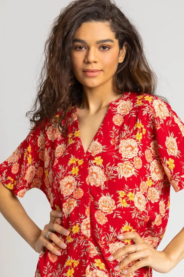 Women Red Floral Print Textured VNeck Top Roman Tops