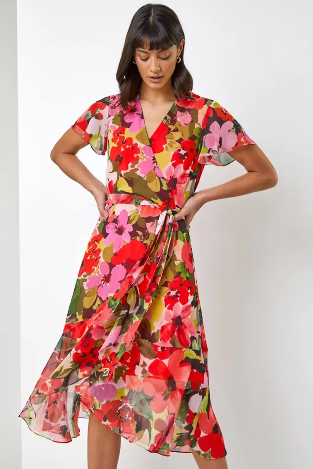 Women Red Floral Print Wrap Midi Dress Roman Dresses