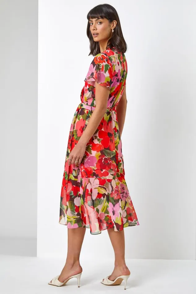 Women Red Floral Print Wrap Midi Dress Roman Dresses