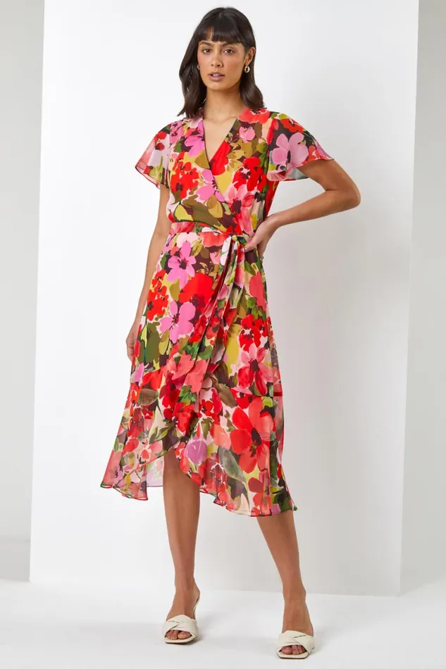 Women Red Floral Print Wrap Midi Dress Roman Dresses
