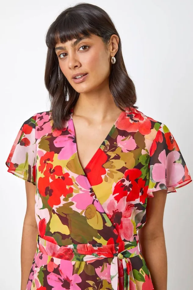 Women Red Floral Print Wrap Midi Dress Roman Dresses