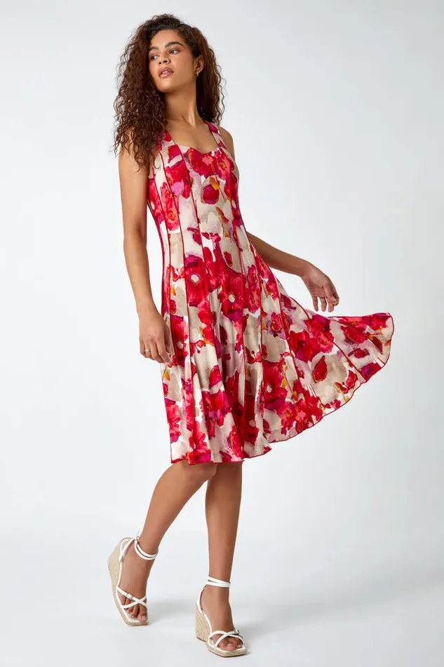 Women Red Floral Printed Panel Dress Roman Dresses