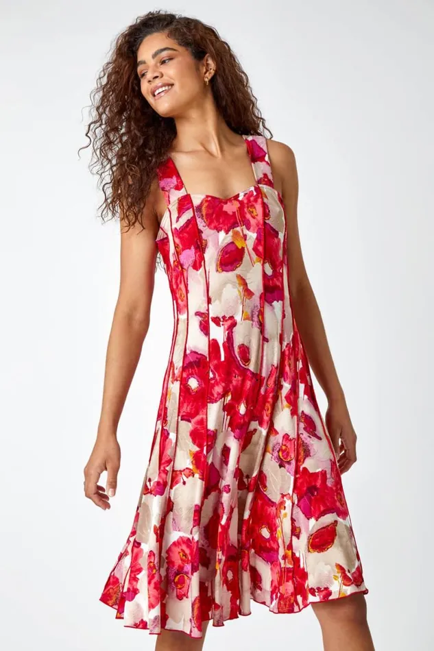 Women Red Floral Printed Panel Dress Roman Dresses