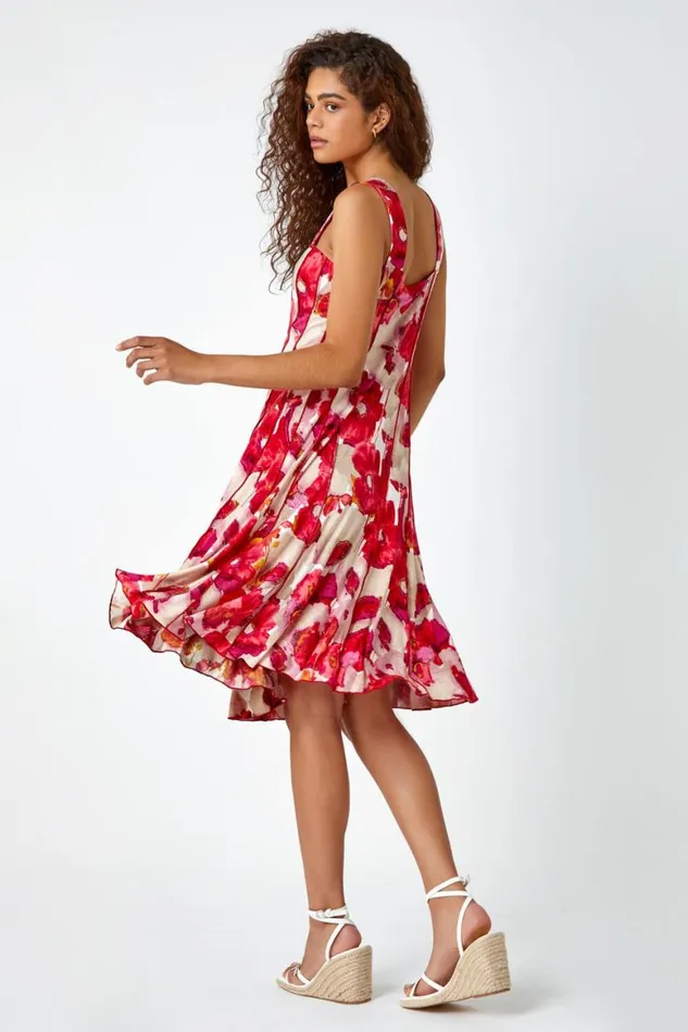 Women Red Floral Printed Panel Dress Roman Dresses