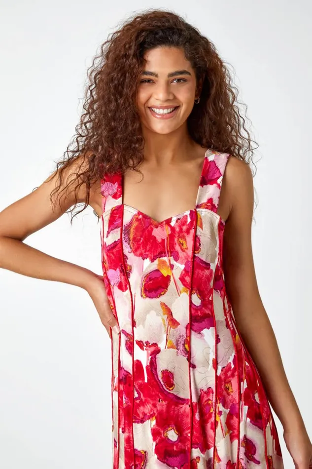 Women Red Floral Printed Panel Dress Roman Dresses