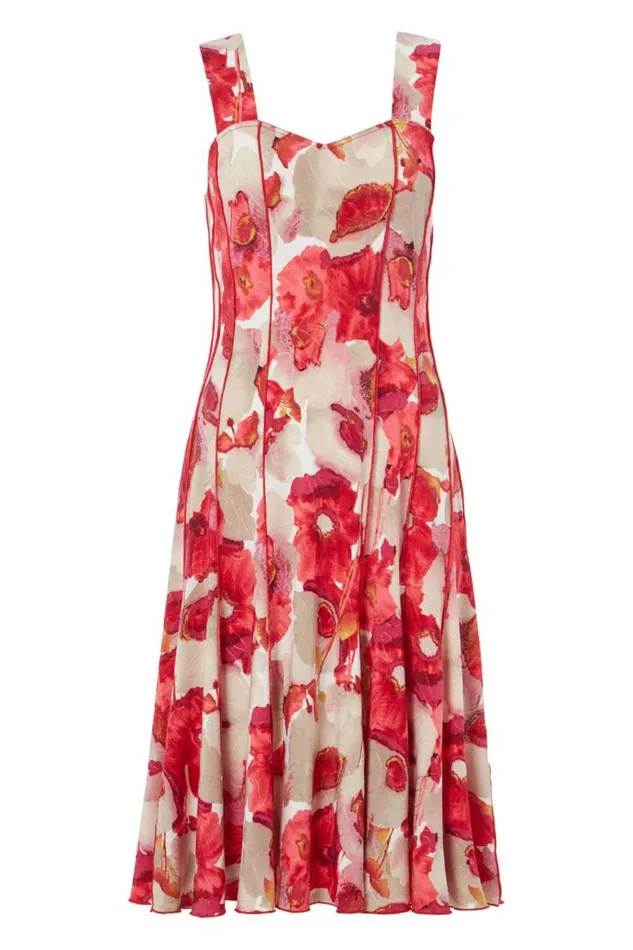 Women Red Floral Printed Panel Dress Roman Dresses