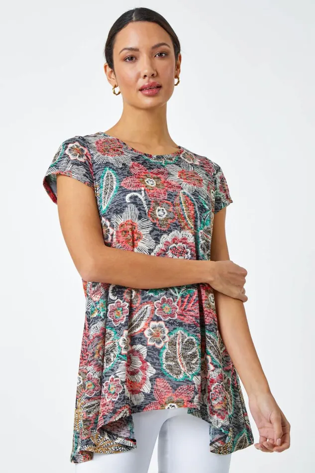 Women Red Floral Stretch Hanky Hem Tunic Top Roman Tops
