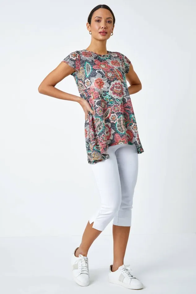 Women Red Floral Stretch Hanky Hem Tunic Top Roman Tops