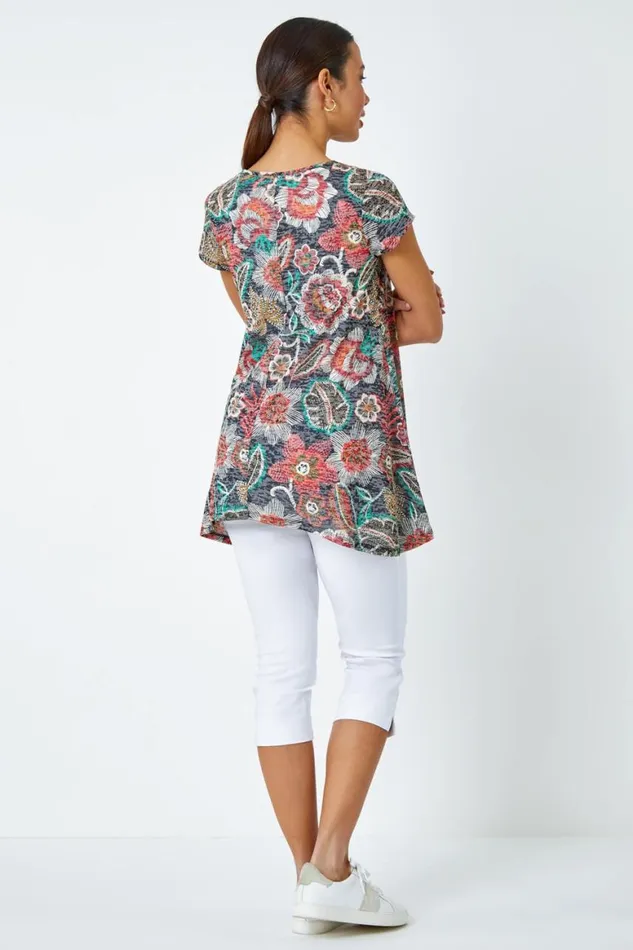 Women Red Floral Stretch Hanky Hem Tunic Top Roman Tops