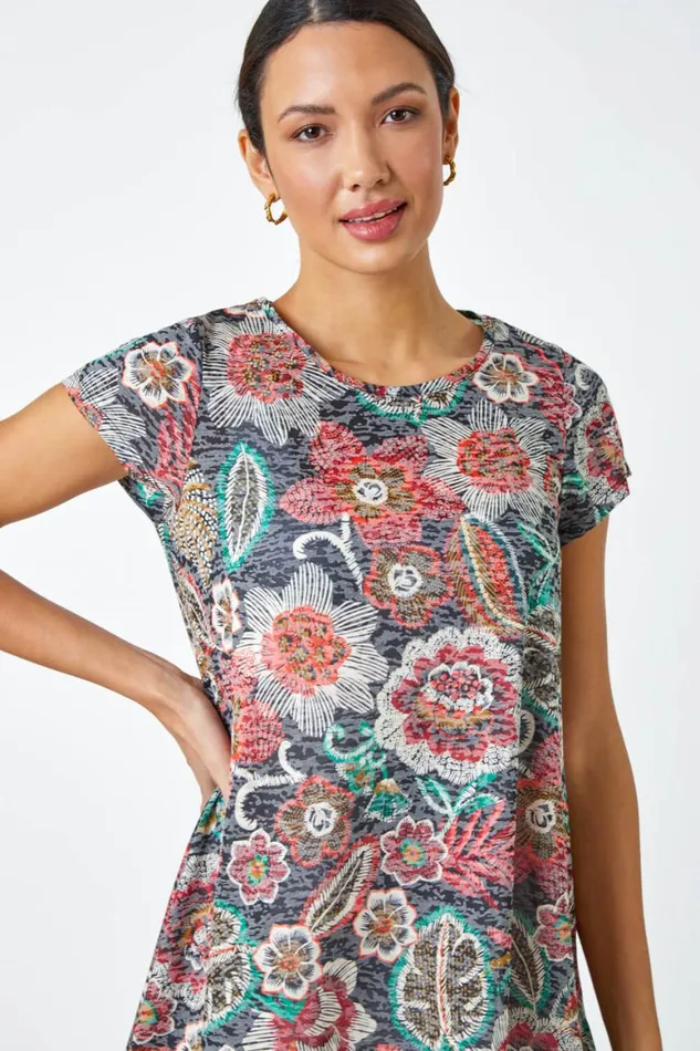 Women Red Floral Stretch Hanky Hem Tunic Top Roman Tops