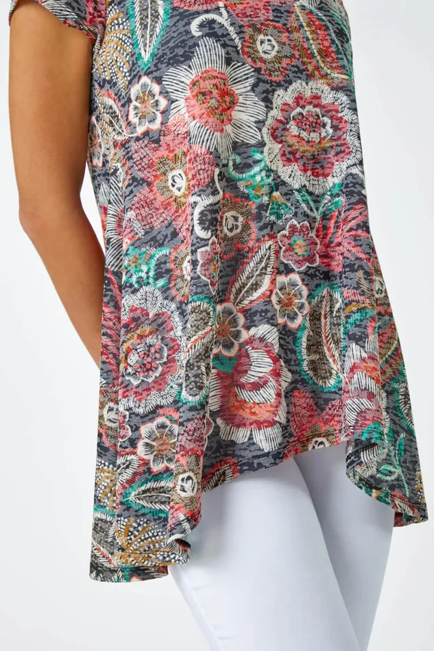 Women Red Floral Stretch Hanky Hem Tunic Top Roman Tops