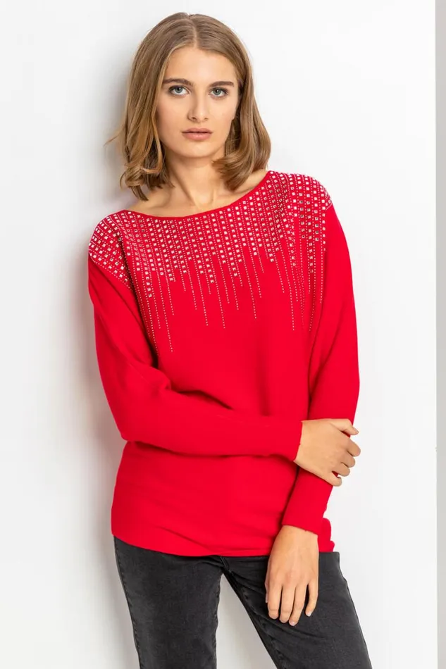 Women Red Hotfix Neck Embellished Jumper Roman Knitwear