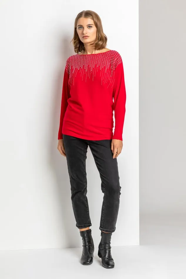 Women Red Hotfix Neck Embellished Jumper Roman Knitwear