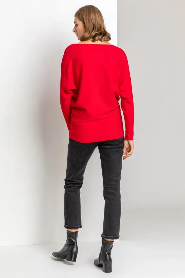 Women Red Hotfix Neck Embellished Jumper Roman Knitwear