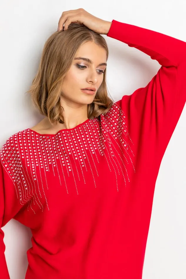 Women Red Hotfix Neck Embellished Jumper Roman Knitwear