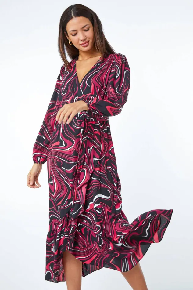 Women Red Marble Print Wrap Dress Roman Dresses