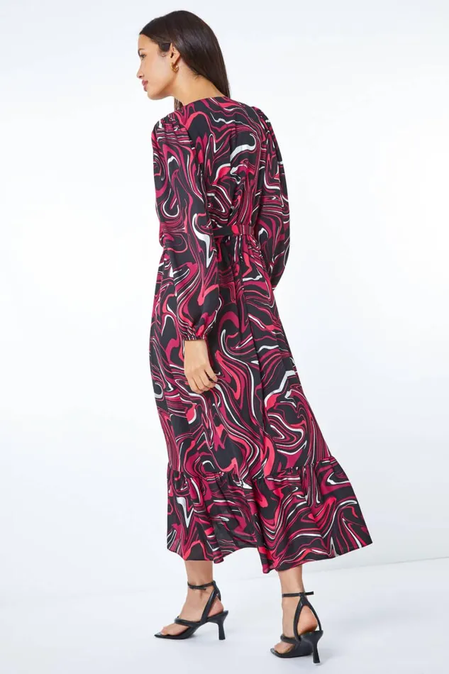 Women Red Marble Print Wrap Dress Roman Dresses