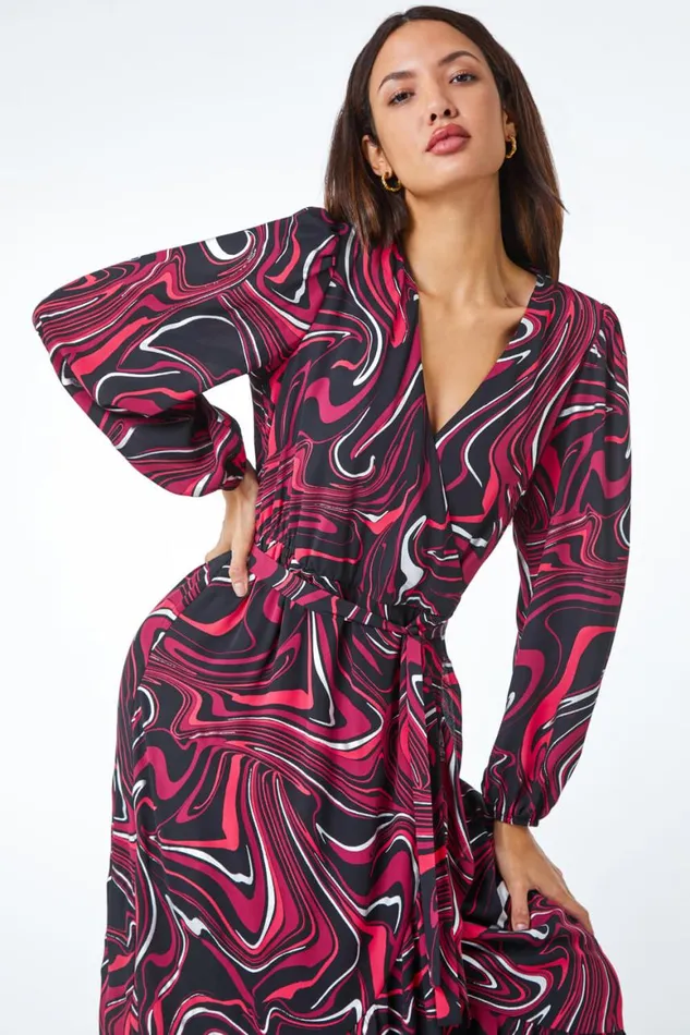 Women Red Marble Print Wrap Dress Roman Dresses